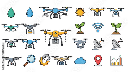 Collection of drones and agricultural technology icons.