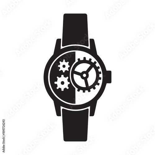 Mechanical watch showing gears and time mechanism in a stylized design