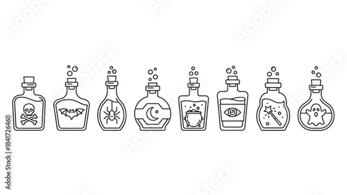 Collection of Halloween potion bottles with various spooky symbols.