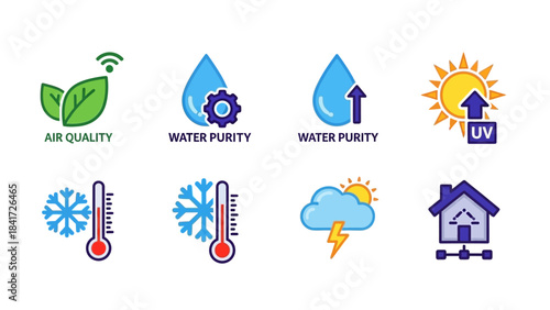 Collection of Environmental and Home Monitoring Icons Representing Various Conditions.