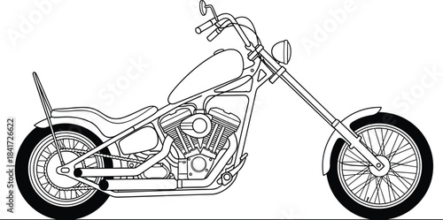 Detailed chopper motorcycle illustration, custom bike design, vintage motorbike graphic, classic cruiser silhouette, mechanical engineering artwork, transportation concept drawing