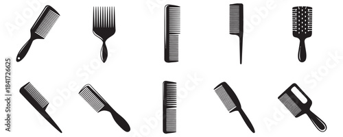 Stunning collection of black hair styling combs and brushes isolated on a clean white background for beauty