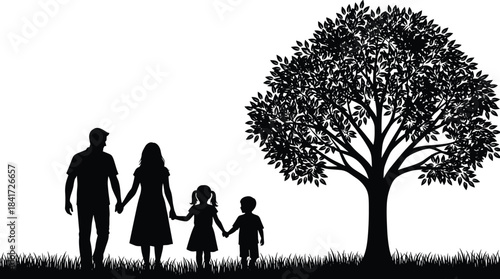 Family silhouette walking together under a large tree, peaceful outdoor scene, parents and children holding hands, nature landscape illustration, harmony concept
