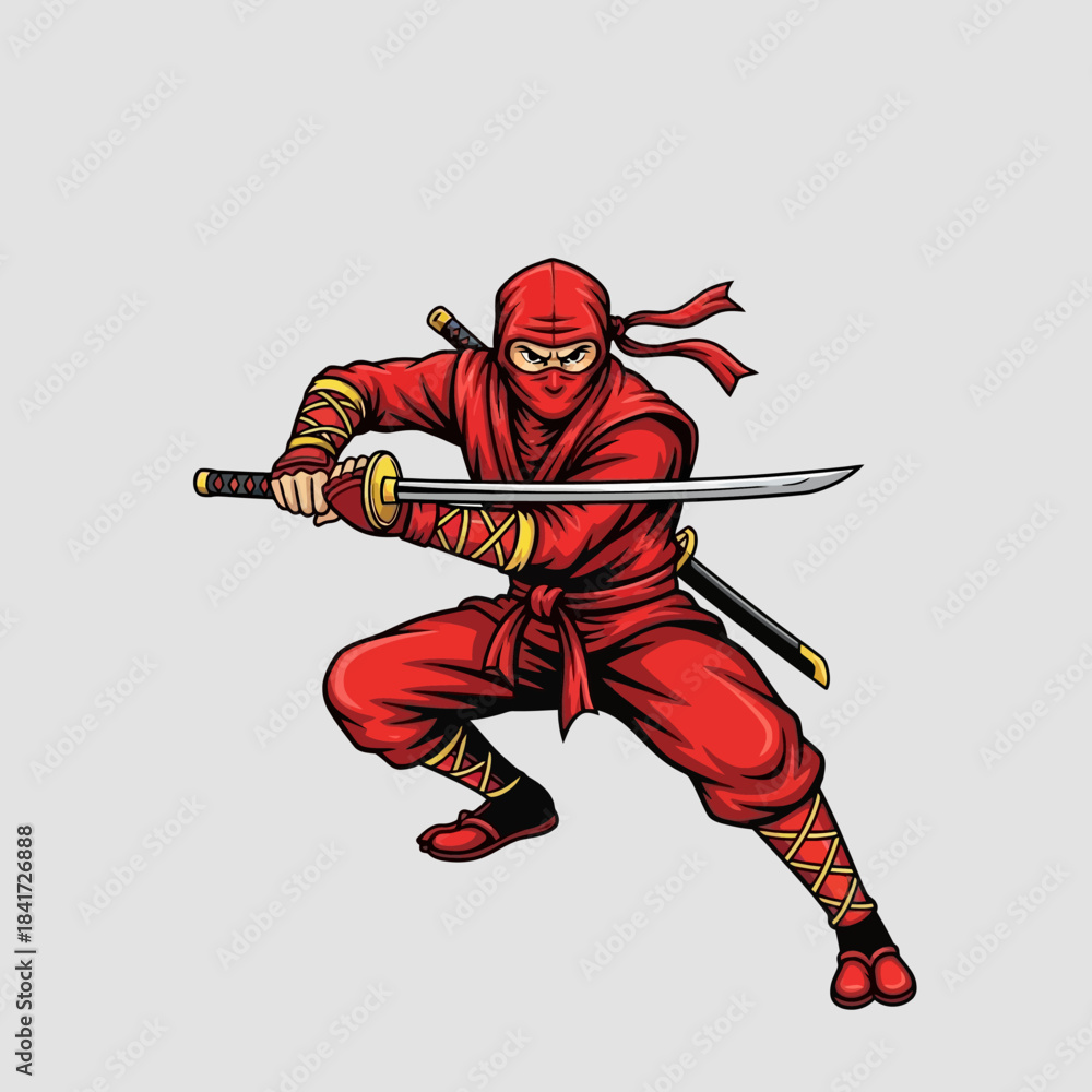Obraz premium Ninja Warrior in Red Costume Fighting.