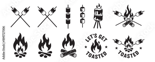 Black barbecue icons set with flames and skewers on white