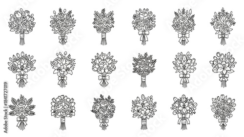 Collection of Hand Drawn Wedding Bouquets in Outline Style.
