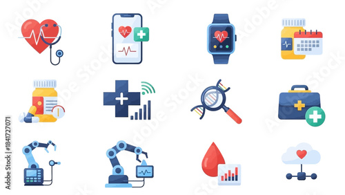Collection of healthcare and medical technology icons.