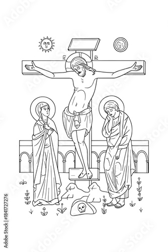 The Nicene Creed. Coloring page. Part 4 "He suffered, was crucified..."