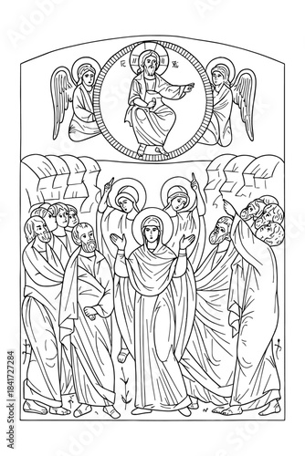 The Nicene Creed. Coloring page. Part 6 "ascended into heaven with the same body, [and] sat at the right hand of the Father..."