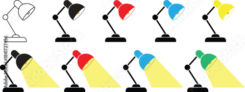 Set of retro and contemporary desk lamp silhouettes icons, electric table light icons for office and home design concepts, isolated on transparent background. Home office decor vector illustration.