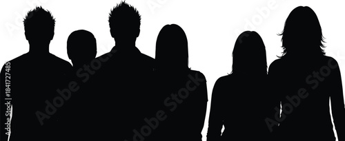 Group silhouette of diverse young adults standing together, teamwork concept, unity illustration, community support, people collaboration, modern crowd profile graphic
