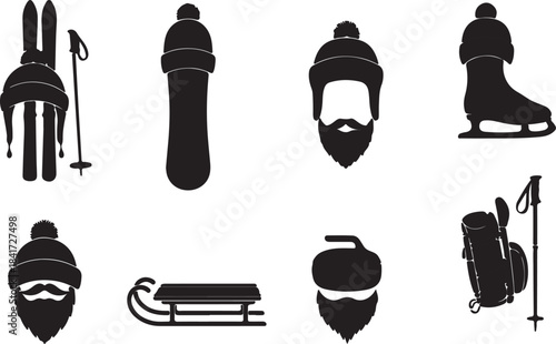 Black silhouettes of various ice skates and sleds on white background