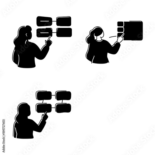 Silhouettes of three individuals, each interacting with flowcharts. The figures are depicted