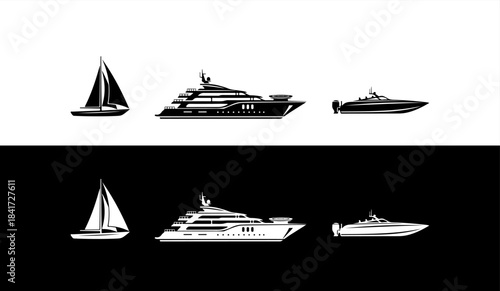 Luxury yacht and sailboat silhouettes in black and white