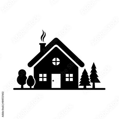 Cozy Home: A stylized illustration of a quaint house amidst nature, radiating warmth and comfort. The simplicity of the silhouette hints at a serene and inviting atmosphere.