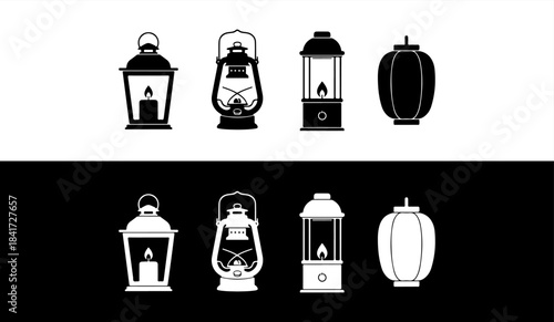 Collection of various lantern icons in black and white