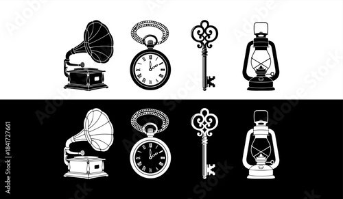 Vintage objects set with gramophone clock key and lantern