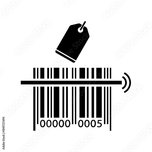Black and white vector barcode label icon with a red ribbon symbolizing a product price and retail sale tag