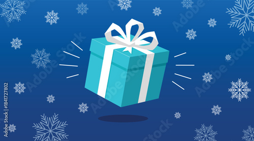 Blue gift box tied with white ribbon bow on winter snowflake background