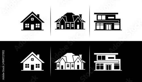 Collection of black and white house icons on contrasting backgrounds