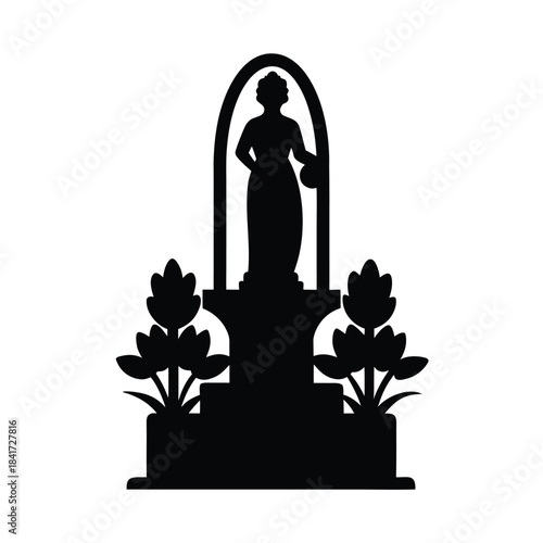 Elegant Silhouette Vector of a Classical Woman Statue in an Arch Niche with Floral Ornamentation