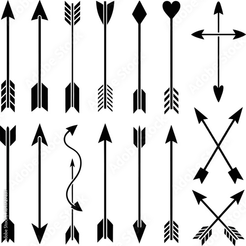 “Collection of black decorative arrows in assorted styles featuring heart tips, bold silhouettes, and romantic design elements on white background.”