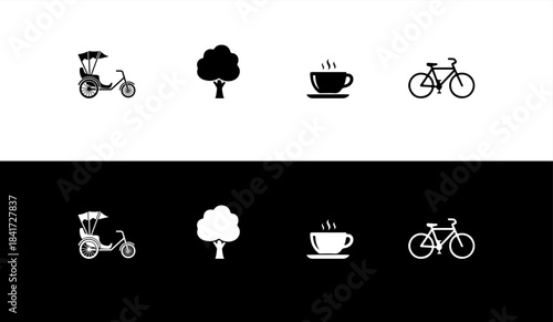 Collection of black and white icons for bicycle, tree and coffee