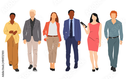 Young business men and women walking, different nationalities, front view, different colors, cartoon character, group of people silhouettes, students, flat icon design concept, isolated on white 