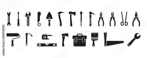 Essential professional construction and repair tool icons set for carpentry and home renovation projects