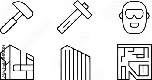 Construction Worker and Real Estate Line Icons Set – Contractor, Builder, House, Fence, Money Symbol, Home Repair and Property Development Outline Icons