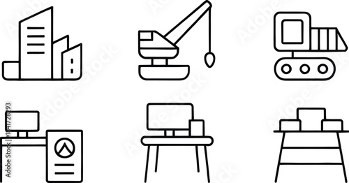 Construction and Engineering Line Icons Set – Excavator, Gear, Industrial Tools, 3D Modeling Desk, Machine Equipment, Drill, Factory Tools and Heavy Machinery Symbols