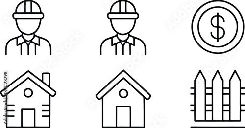 Construction Worker and Real Estate Line Icons Set – Contractor, Builder, House, Fence, Money Symbol, Home Repair and Property Development Outline Icons