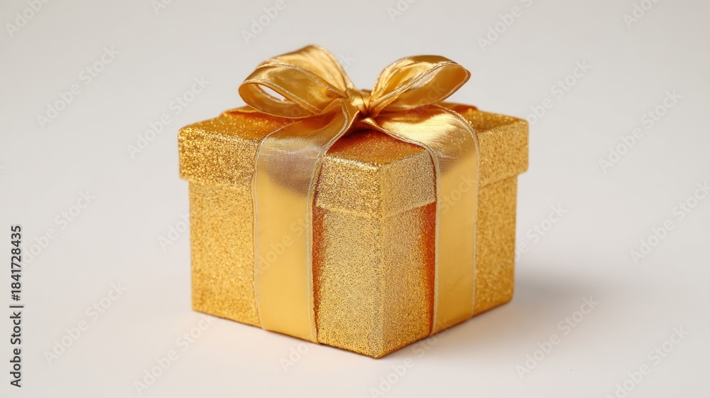 Obraz premium Golden gift box with ribbon on a plain background, decorated for celebration themes like Christmas, birthdays, or anniversaries