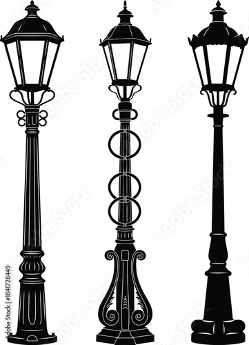 Three vintage street lamp silhouettes showcasing different classic urban designs