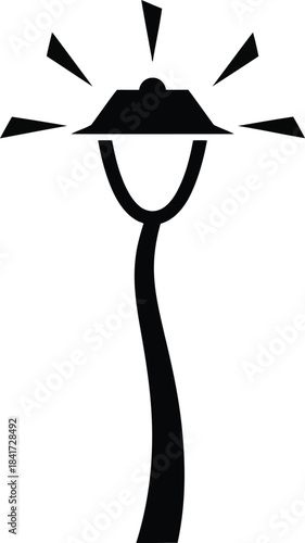 A minimalist black silhouette icon of a street lamp casting light rays