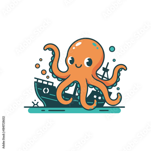 Cute Orange Octopus Resting Near a Sunken Ship on a Teal Water Surface with Bubbles