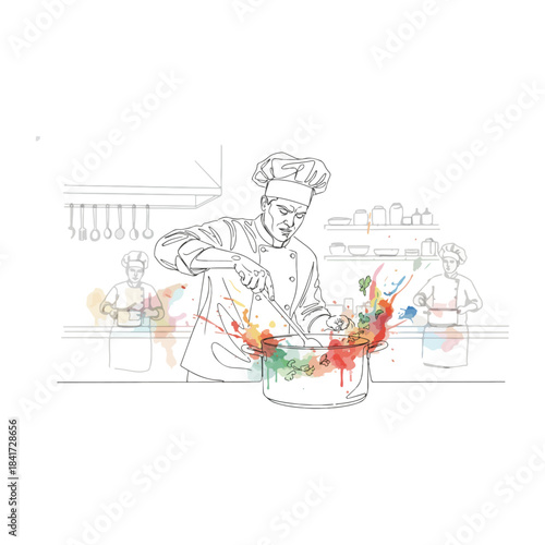 Dynamic illustration of chefs cooking in a kitchen with vibrant splashes of color and steam erupting from a pot
