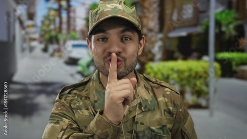 Photos Young soldier in camouflage uniform touches lips with finger for silence on street corner; discipline