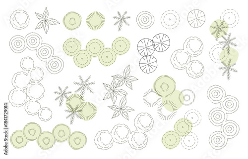 Top view trees for architectural plans and landscape design. Minimal vector illustration for urban planning, site plans, and architectural entourage.