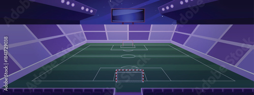 Football soccer stadium at night, vector flat sports game area with football goal, tribune, sliding roof, huge screen