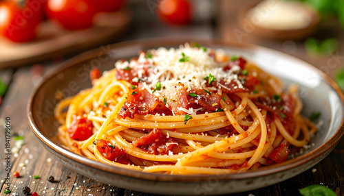 Spaghetti alla Amatriciana with pancetta bacon, tomatoes and pecorino cheese. Italian pasta dish.