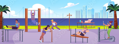 Young people training on street workout area vector flat illustration, fitness and strength exercise, sports equipment