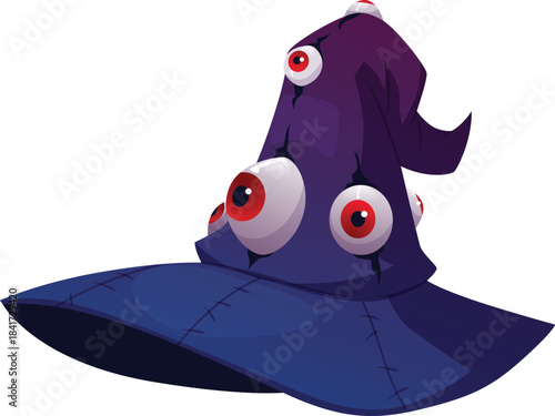 Magic witch hat, vector cartoon wizard spooky hat decorated with eyes, Halloween fantasy costume, witchcraft accessory