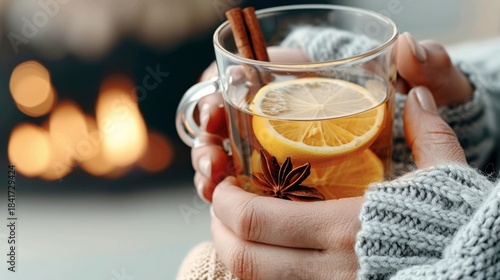 A cozy, inviting shot of a steaming hot toddy in a rustic glass mug
