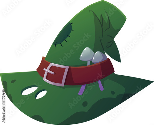 Pointed witch hat, with belt, mushrooms, dirty with patch and holes, green color.