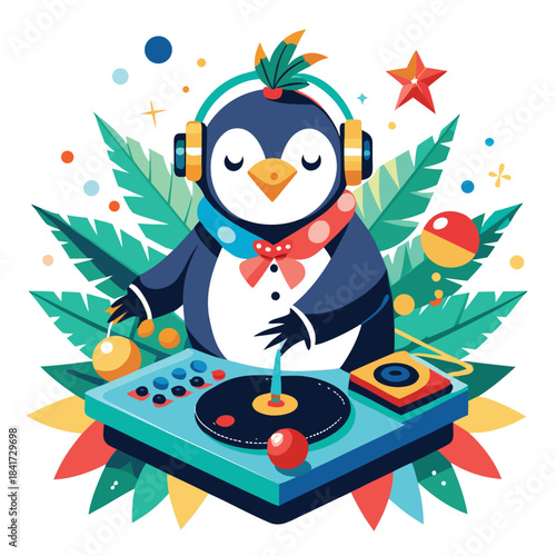 A festive penguin dj mixes music surrounded by holiday decorations