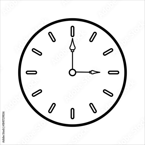 Round analog wall clock with hour and minute hands, modern outline silhouette icon, vector illustration, set in flat design style.