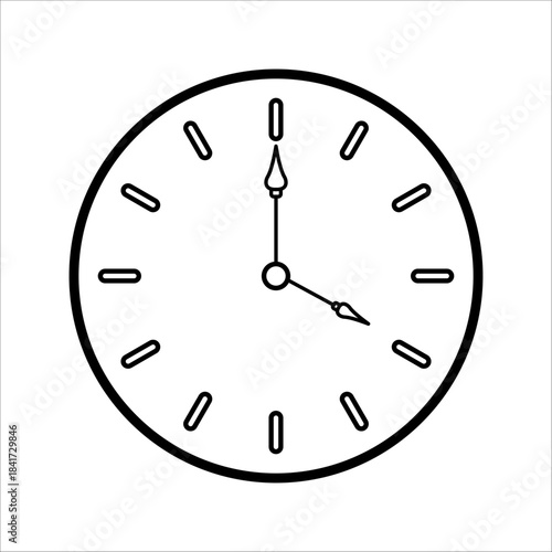 Round analog wall clock with hour and minute hands, modern outline silhouette icon, vector illustration, set in flat design style.