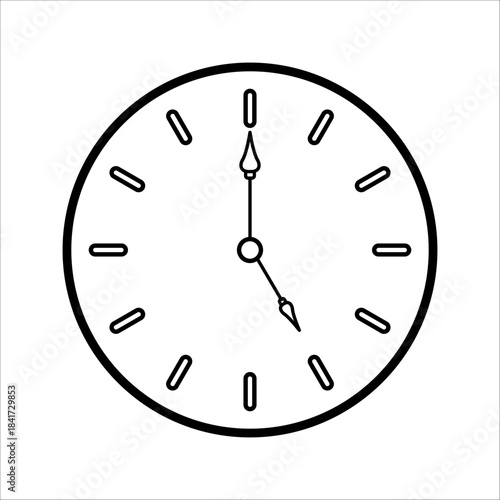 Round analog wall clock with hour and minute hands, modern outline silhouette icon, vector illustration, set in flat design style.
