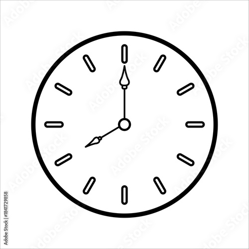 Round analog wall clock with hour and minute hands, modern outline silhouette icon, vector illustration, set in flat design style.